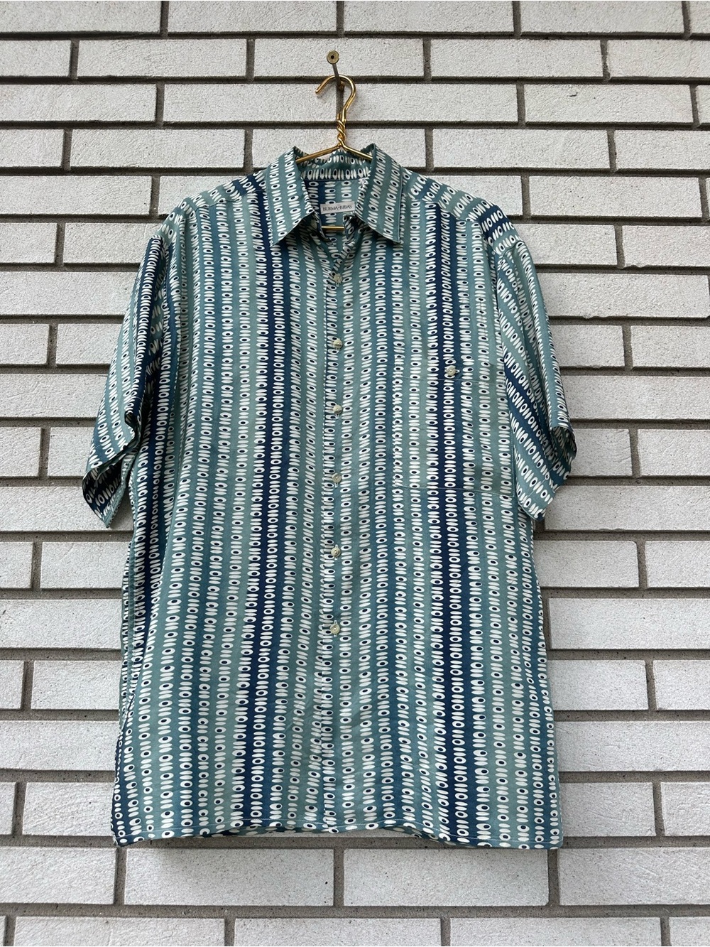 Burma Bibas Men’s Silk Shirt M Blue Green Geometric Print Short Sleeve Button Up